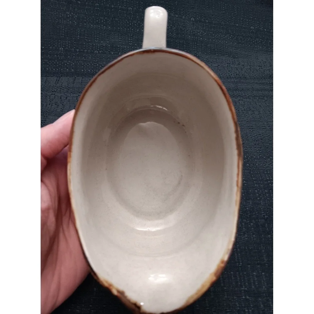 Vintage Village Scene Gravy Boat with Underplate Stoneware Country Folk Art